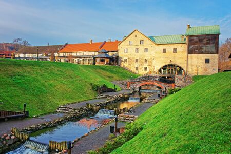 Buildings and small pond in Belmontas, Pavilniai regional park near Vilnius, Lithuaniaのeditorial素材