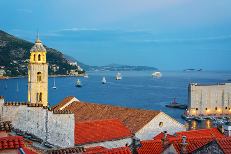 Panorama with Old town fort in Dubrovnik and Adriatic Sea late in the evening, Croatiaのeditorial素材