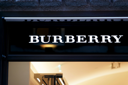 Rome, Italy - October 14, 2016: Burberry Sign of street shop window in Rome.のeditorial素材