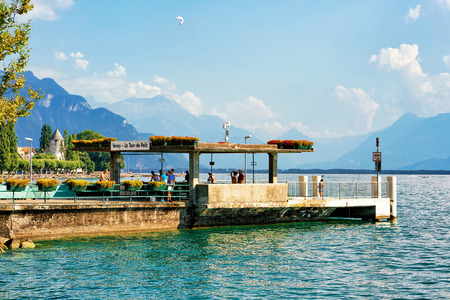 Vevey, Switzerland - August 27, 2016: People at landing stage on Geneva Lake in Vevey, Swiss Rivieraのeditorial素材