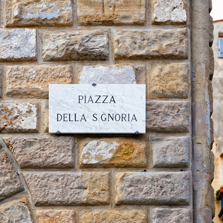 Piazza della Signoria Street sign on the wall, Florence, Tuscany, Italyの写真素材
