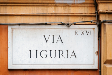 Via Liguria sign on the wall in Rome, Italyの写真素材