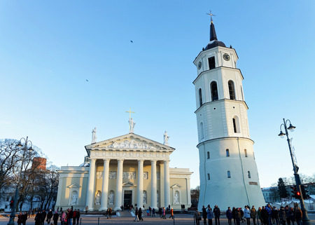 Vilnius, Lithuania - December 4, 2016: Cathedral square with Belfry, and Museum in Old town in Vilnius, Lithuania. People on the backgroundのeditorial素材