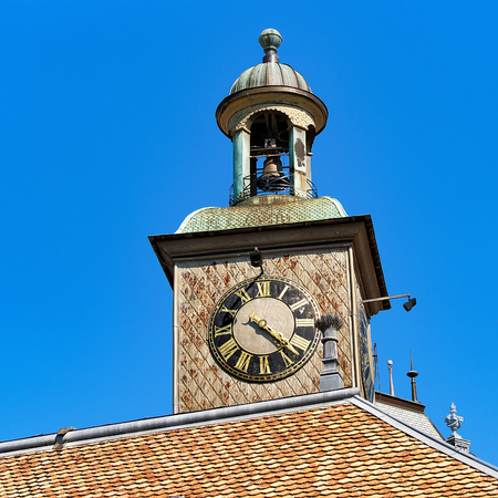 Tower of Tourist office building on Grande Place Square, Vevey, Swiss Rivieraの写真素材