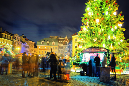 Riga, Latvia - December 26, 2015: People on Christmas market in night Riga, Latviaのeditorial素材