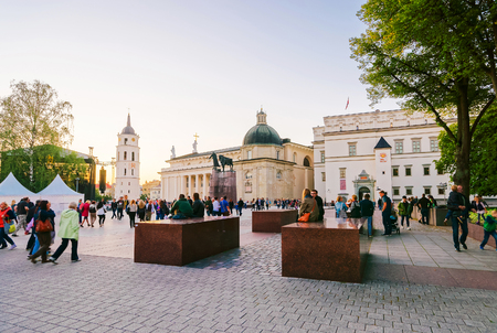 Vilnius, Lithuania - September 5, 2014: People at Royal Palace and Cathedral square in the historical center of old town of Vilnius, Lithuania, Baltic country.のeditorial素材