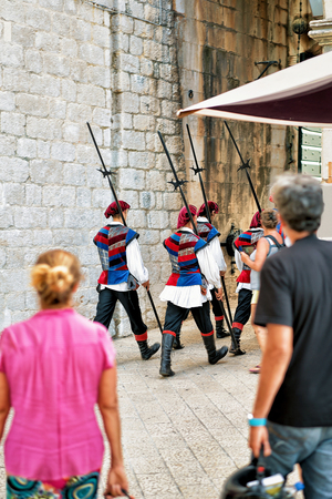 Dubrovnik, Croatia - August 18, 2016:  Change guards ceremony at the entrance gate in the Old city of Dubrovnik, Croatia. Selective focusのeditorial素材