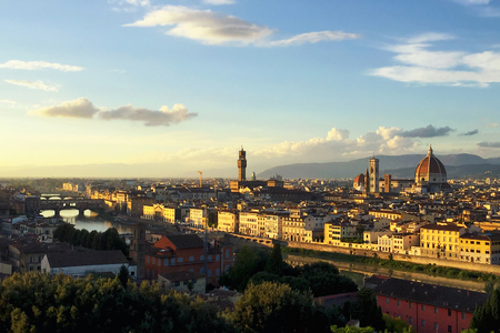 Florence panoramic view on old city skyline, Italy. At sunsetの写真素材
