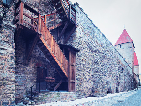 Defensive wall and towers of the Old town in Tallinn, Estonia in winterのeditorial素材