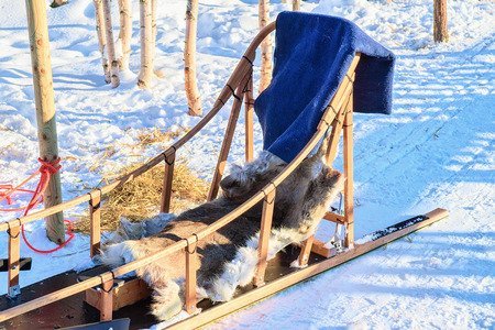 Reindeer sledding in winter forest in Rovaniemi, Lapland, Finland.の写真素材