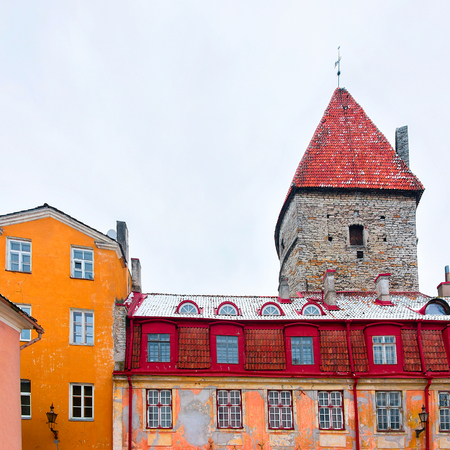 City roofs and defensive towers of the Old town of Tallinn, Estonia in winterの写真素材