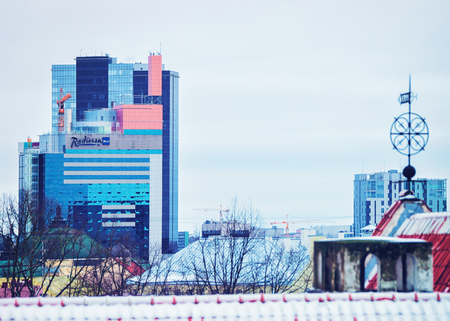 Tallinn, Estonia - February 27, 2017: Cityscape with modern skyscrapers seen from Toompea hill in the Old city of Tallinn, Estonia in winterのeditorial素材