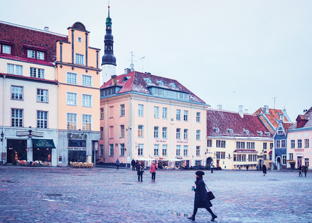 Tallinn, Estonia - February 27, 2017: People on Town Hall Square at the Old town of Tallinn, Estonia in winterのeditorial素材