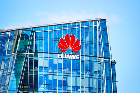 Vilnius, Lithuania - August 8, 2017: Huawei Technologies company headquarter in the modern office building skyscraper in the business district of Vilnius, Lithuania.のeditorial素材