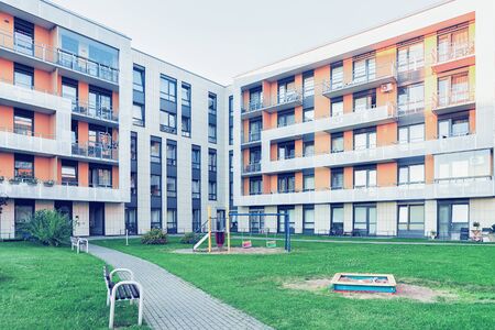 Vilnius, Lithuania - July 30, 2017: Complex of new apartment residential building with children...