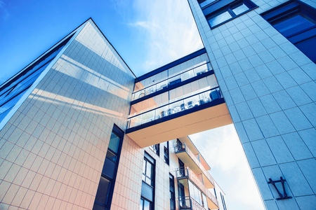 Vilnius, Lithuania - June 6, 2017: Skybridge between two residential apartment skyscraper buildings in the bedroom suburb, Baltupiai district, Vilnius, Lithuaniaのeditorial素材