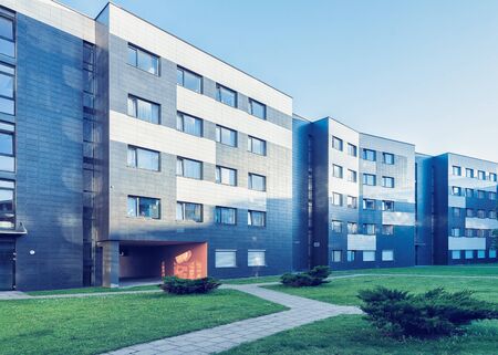 Footpath at Complex of new apartment buildings with outdoor facilities.