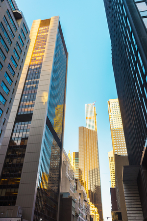 New York, USA - May 6, 2015: Bottom up view of Manhattan Skyscrapers which reflect other skyscrapers through their glass, New York, NYC, USAのeditorial素材