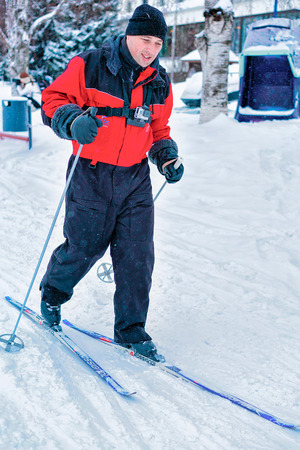 Rovaniemi, Finland - March 2, 2017: Man skiing in winter Rovaniemi, Lapland, Finland.のeditorial素材