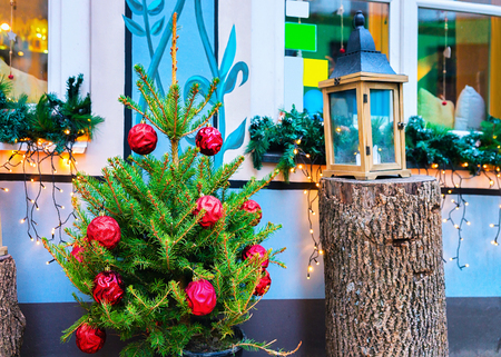 Christmas tree and Street lantern on Christmas Market in Riga Old Town in winterのeditorial素材