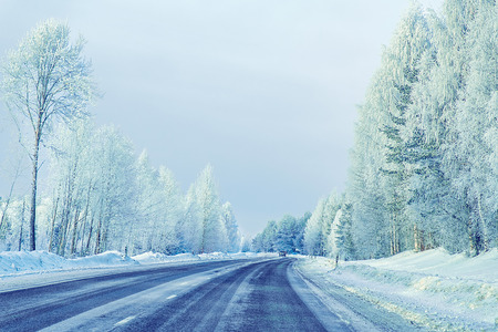Snowy road at winter Rovaniemi, Lapland, Finlandの写真素材