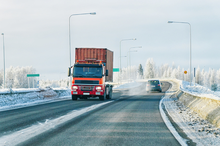 Truck on the road of winter Rovaniemi, Lapland, Finlandの写真素材