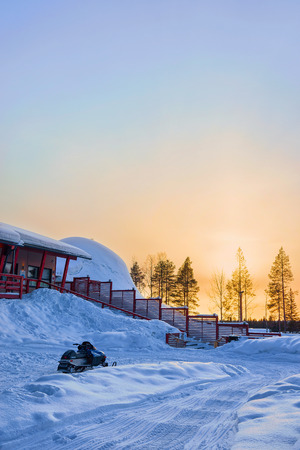 Rovaniemi, Finland - March 5, 2017: Sunset at Santa Village at Lapland, Finland, on Arctic Circle in winter. Outdoorのeditorial素材