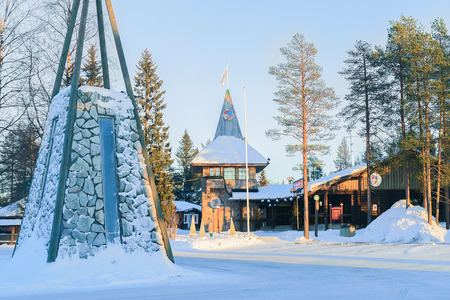 Rovaniemi, Finland - March 6, 2017: Santa Claus Main Post Office at Santa Village with Christmas trees, Lapland of Finland, Scandinavia, on Arctic Circle in winter. Outdoorのeditorial素材