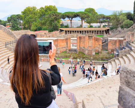 Pompeii, Italy - October 1, 2017: Woman making selfie at ruins of ancient city Pompeii, Italyのeditorial素材