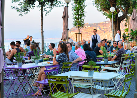 Sorrento, Italy - October 2, 2017:  People relaxing at street restaurant in Sorrento, Tyrrhenian sea, Amalfi coast, Italyのeditorial素材