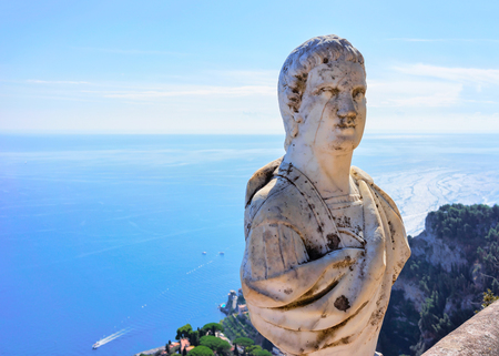 Sculpture at the terrace of Ravello village, Tyrrhenian sea, Amalfi coast, Italyの写真素材