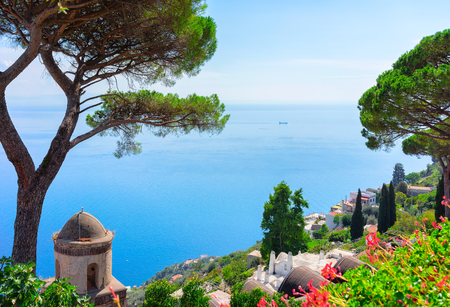 View from terrace to Tyrrhenian sea at Ravello village, Amalfi coast, Italyの写真素材