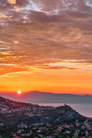 Sunrise in Agerola village, Bomerano, Tyrrhenian sea, Amalfi coast, Italyの写真素材