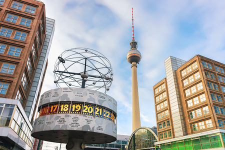 Berlin, Germany - December 10, 2017: Urania World Clock with Television tower on Alexanderplatz in Berlin, Germanyのeditorial素材