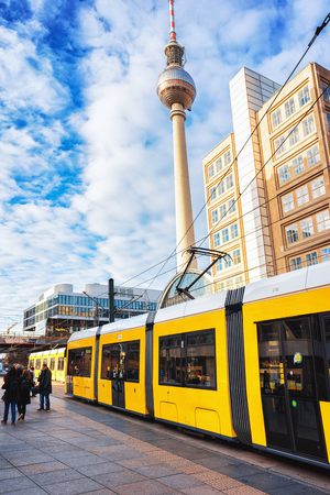 Berlin, Germany - December 10, 2017: Running tram on Alexanderplatz with television tower on the background in Berlin, Germanyのeditorial素材