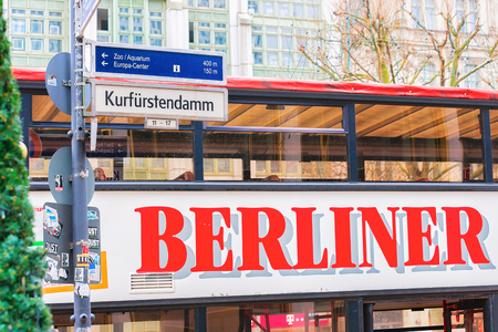 Berlin, Germany - December 11, 2017: Kurfurstendamm direction plate at Berliner red excursion city bus in Berlin, Germanyのeditorial素材
