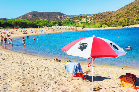 Domus de Maria, Italy - September 14, 2017:  Umbrella in Chia beach at the Mediterranian Sea, Sardinia, Italyのeditorial素材