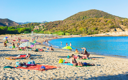 Domus de Maria, Italy - September 14, 2017:  People on Chia beach at the Mediterranian Sea, Sardinia, Italyのeditorial素材