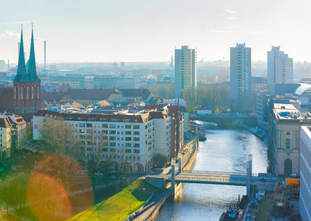 Cityscape with Spree river in Berlin, Germanyの写真素材