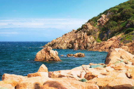 Mediterranean Sea and building architecture in Porto Cervo resort, Costa Smeralda, Sardina in Italy.の写真素材