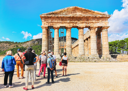 Segesta, Italy - September 19, 2017: Tourists at Doric temple in Segesta in Sicily, Italyのeditorial素材