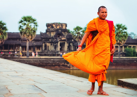 Siem Reap, Cambodia - March 3, 2016: Monk at Angkor Wat temple complex, Siem Reap, Cambodia.のeditorial素材