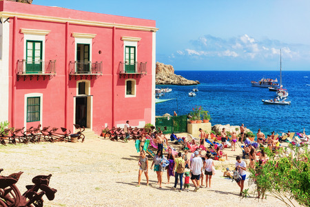 Scopello, Italy - September 17, 2017: People relaxing in the beach at Scopello, Castellammare del Golfo, Sicily, Italyのeditorial素材