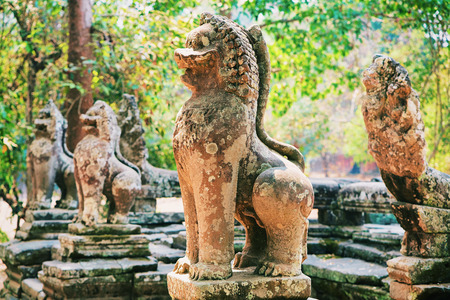 Carved statues in Banteay Kdei temple complex, Siem Reap, Cambodia.の写真素材