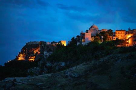 Cityscape of Erice old town on the mountain, Sicily island, Italy. At nightの写真素材