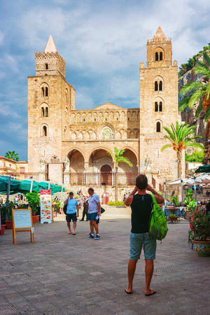 Cefalu, Italy - September 26, 2017: People at the Cathedral of Cefalu in the old town, Palermo region, Sicily island in Italyのeditorial素材