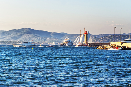 Yachts at the Mediterranean sea  in Saint-Tropez, French Riviera of France in summer.の写真素材