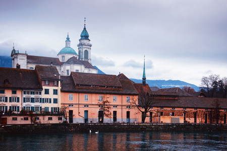 Solothurn, Switzerland - January 3, 2014: Waterfrontof Saint Ursus Cathedral in Solothurn. Solothurn is the capital of Solothurn canton, in Switzerland.のeditorial素材