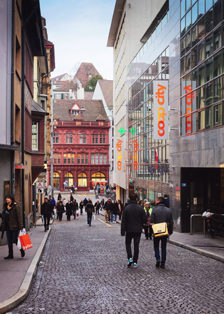 Basel, Switzerland - January 3, 2014: Street view of Old City of Basel. Basel is a third most...