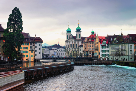 Lucerne, Switzerland - January 04, 2015: Jesuit Church along the river Reuss in the old part of Lucerne, in Switzerland. The Lucerne Jesuit Church is the first large baroque church built in Switzerland north of the Alps.のeditorial素材